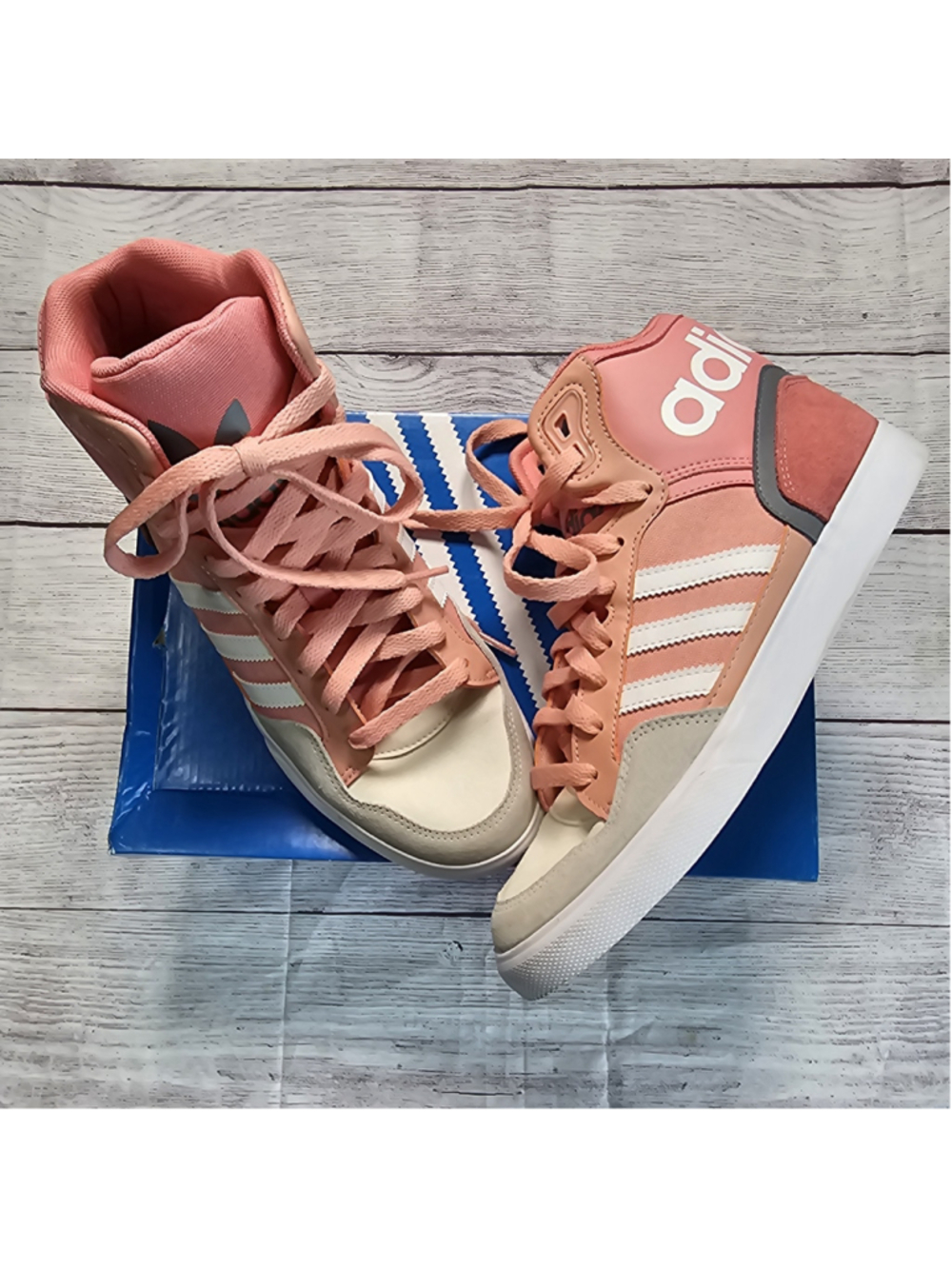 Adidas sz 8 originals high tops, pink, grey, cream